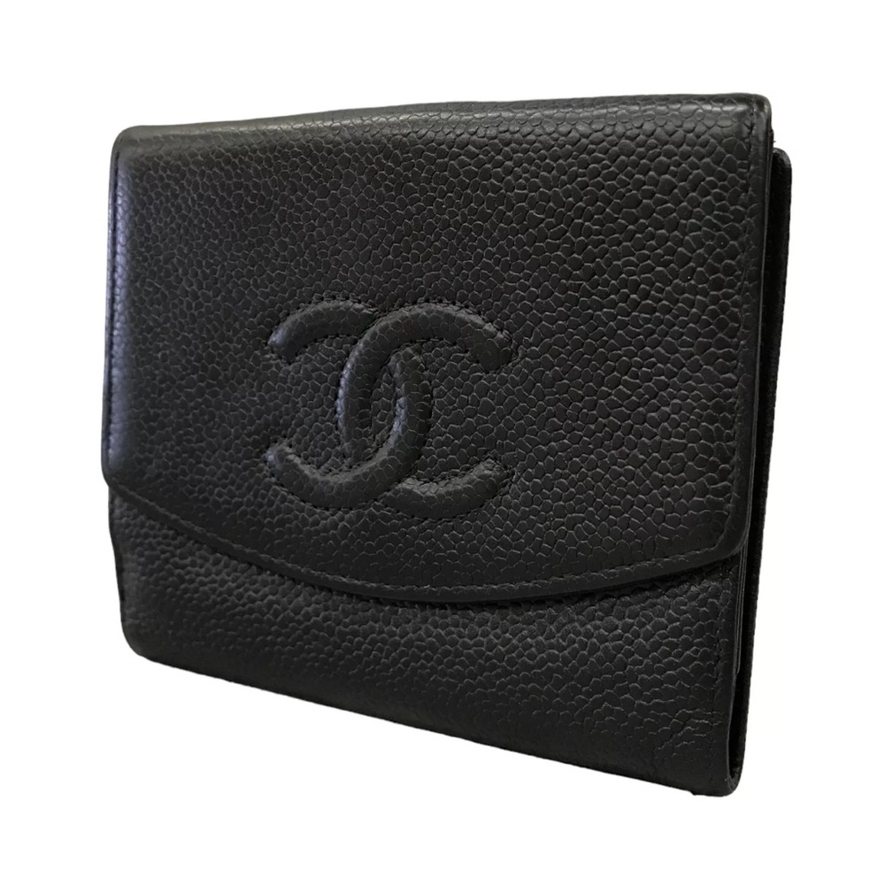 CHANEL Wallet Double Hook Wallet Caviar Skin Black Coco Mark Authentic